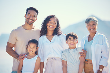 Image showing Family, portrait and happy with generations, love and travel, relationship with grandmother, parents and children outdoor. Bonding, care and happiness, spending quality time together and people smile