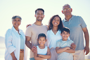 Image showing Family, parents and grandparents with kids in portrait, love and care, generations outdoor in backyard. Bonding, trust and happiness, spending quality time together and men with women and children