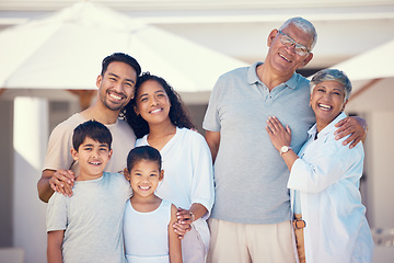 Image showing Hug, smile and portrait of big family at new home for bonding, affectionate and care. Relax, quality time and natural with parents and children in garden for happiness, generations and support