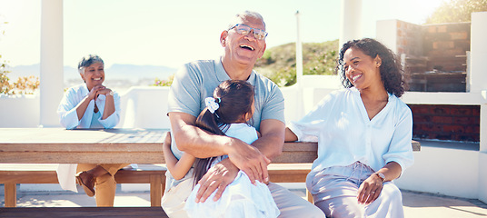Image showing Family, outdoor and laughing on vacation with child, mother and grandpa on a bench with love and care. Girl, woman and man or grandparents happy in summer for hug, fun and happiness on holiday patio
