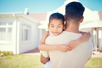 Image showing Man, girl child and back at new home, outdoor and hug together for love, beginning and start to life in neighborhood. Father, female kid or tired daughter with sleeping, real estate and house on lawn