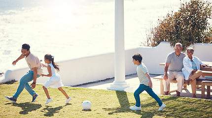 Image showing Soccer, happy and father and kids in home garden for learning, bonding and fitness with sports. Relax, training and football with man playing with children in backyard for summer, weekend or teaching