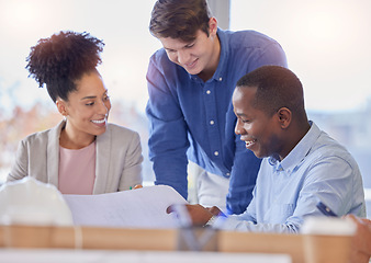 Image showing Review, blueprint and architecture with people in meeting for planning, engineering and designer. Training, teamwork and development with group of employee in office for ideas and floor plan proposal