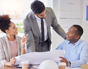 Image showing Teamwork, blueprint and architecture with people in meeting for planning, engineering or designer. Training, floor plan and development with group of employee in office for ideas, proposal or graphic