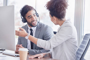 Image showing Team, call center and talking at computer desk for support, advice or help with telemarketing sale. Happy man and woman consultant or agent online for CRM, customer service or contact us consultation