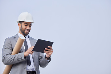 Image showing Engineer, tablet and man at construction site for development with mockup. Architecture, 5g technology and happy male contractor or architect with touchscreen for web scrolling or internet browsing.