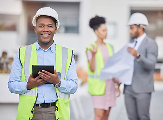 Image showing Engineer portrait, tablet and smile of black man at construction site for development in city. Architecture, technology and male architect with touchscreen for maintenance, inspection or research.