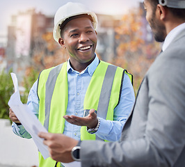 Image showing Engineer, men outdoor and blueprints for planning, happiness and real estate development. Architecture, male employees and leader with smile, documents and paperwork for partnership and collaboration