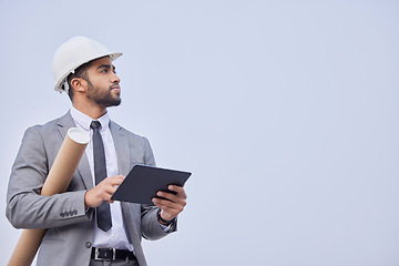 Image showing Engineer, tablet and man thinking at construction site for development with mockup background. Architecture idea, technology and architect with touchscreen for web, research or internet in studio