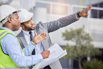 Image showing Teamwork, engineering and leader with blueprint at construction site for development. Architecture, collaboration and people, contractor men or architect colleagues pointing, planning and discussion.