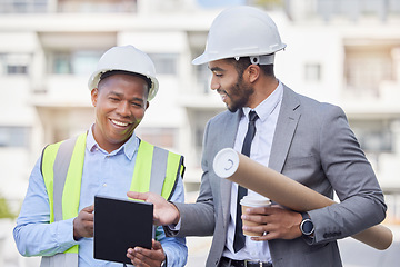 Image showing Engineering, teamwork and men with tablet at construction site for development in city. Architecture, collaboration and happy black man, manager or architect people laughing and planning project.