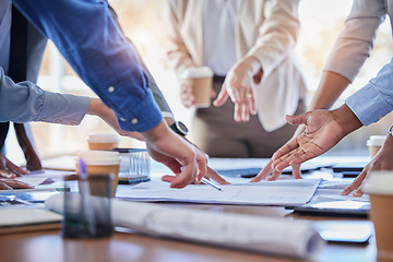 Image showing Engineering, teamwork and hands with blueprint planning construction project in office. Collaboration, architecture and group of architects, engineers or people with building design, draft or diagram