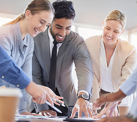 Image showing Meeting, teamwork and business people with documents in office planning strategy. Collaboration, laughing and smile of happy group of employees with paperwork to discuss sales project in workplace.