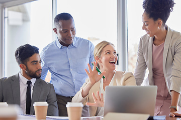 Image showing Meeting, teamwork and business people in office laughing, talking or conversation. Collaboration, comic and smile of happy group of employees, friends and women discussing sales project in workplace.