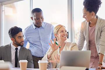 Image showing Teamwork, meeting and business people in office laughing, talking or conversation. Collaboration, comic and smile of happy group of employees, friends and women discussing sales project in workplace.