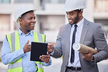 Image showing Architecture, construction worker and men with tablet, contractor team and renovation, building trade and digital floor plan. Blueprint, meeting and partnership with architect, builder and technology