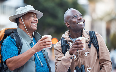 Image showing Tourism, travel and coffee with men in city for adventure, holiday or vacation trip. Happy, laugh and relax with senior tourist friends and backpack in urban town for journey, freedom or retirement