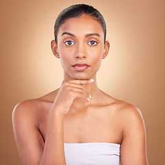 Image showing Skincare, natural beauty and woman portrait in a studio for wellness and dermatology. Cosmetics, model and facial glow of a young person self care, makeup and healthy face shine from cosmetology