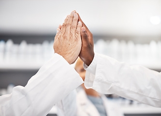 Image showing High five hands, scientist and group in lab for results, success or congratulations for pharma. Science teamwork, team building and motivation for research, medical innovation or pharmaceutical study