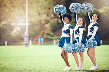 Image showing Cheerleader, training or students in cheerleading team on a outdoor stadium field for fitness exercise. Athlete group, college sports or happy girls game ready for cheering, match or event together