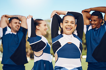 Image showing Cheerleader training or people in team stretching on a outdoor stadium field for fitness exercise. Funny cheerleading group, sports portrait or happy students game ready for cheering, match or event