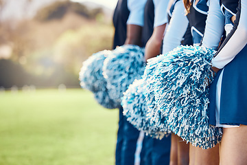 Image showing Cheerleader fitness, training and students in cheerleading uniform on a outdoor field. Athlete group back, college sport collaboration and game cheer prep ready for cheering, stunts and pompoms