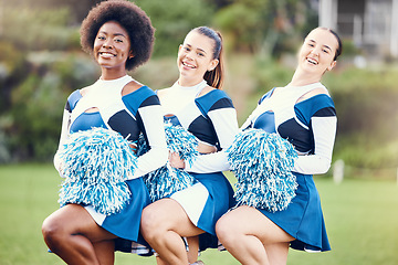 Image showing Cheerleader group portrait, field and women together for teamwork, sports and motivation in sunshine. Girl, team and fitness with diversity, support and solidarity with balance, muscle and exercise