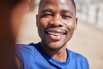 Image showing Selfie, fitness and smile with portrait of black man for running, wellness and happiness. Social media, influencer and photography with male jogger in outdoors for picture, exercise and training