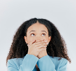 Image showing Woman, studio and shocked or omg surprise emoji with on face with hands on mouth. Female person with hand gesture for thinking of idea or fear for gossip or mistake isolated on a white background