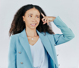 Image showing Business woman, thinking and confused in studio with face emoji for idea . Entrepreneur female person face or emotion with hand on head to think, doubt or remember memory isolated on white background