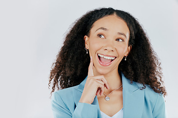 Image showing Woman, thinking and excited with idea in studio with face emoji. Female, business person and happy emotion with hand to think, planning or for mockup space choice isolated on a white background