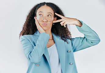 Image showing Business woman, studio and peace sign or emoji with glasses and surprise, shocked or wow face. Entrepreneur female person with hand gesture for support or thinking and isolated on a white background