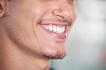 Image showing Smile, dental care and the clean teeth of a man for hygiene, grooming and sanitary routine. Happy, healthcare and a cheerful guy showing results from tooth whitening, cleaning and oral hygiene