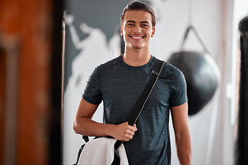 Image showing Portrait, fitness and smile of man in gym ready to start workout, training or exercise. Sports, wellness and happy, proud and confident male athlete from Brazil preparing for exercising for health.