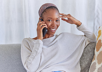 Image showing Black woman, portrait and phone call on home sofa with a smile for communication and connection. Female model with a smartphone for conversation with network and contact on living room couch to relax