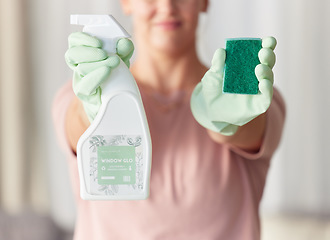 Image showing Woman, hands and housekeeping with detergent and sponge for spring cleaning, disinfection or dirt removal at home. Hand of female cleaner holding spray bottle and scrub with rubber gloves for hygiene