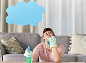 Image showing Woman, housekeeping and thinking with speech bubble dreaming or wondering with detergent in living room at home. Happy thoughtful female cleaner contemplating social media for cleaning and hygiene