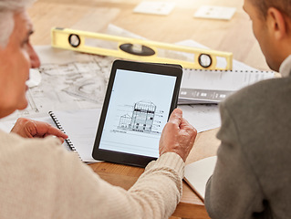 Image showing Architect, hands and tablet in construction planning, digital model or design for industrial architecture at office. Hand of engineer team in strategy idea on touchscreen for blueprint building plan