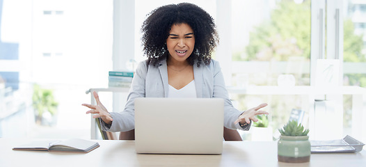 Image showing Annoyed business woman, laptop or stress in financial planning failure, crisis or investment fraud. Frustration, angry or corporate worker on technology with 404 glitch, finance scam or phishing risk