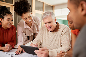 Image showing Digital tablet, teamwork and business people in a meeting in the office boardroom planning a project. Collaboration, diversity and team working on a company strategy with mobile device in workplace.