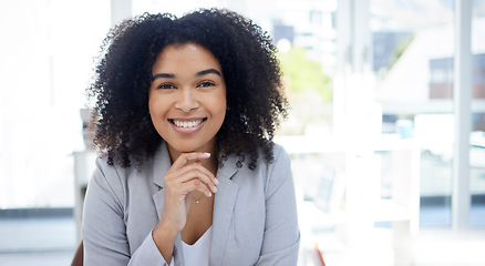 Image showing Happy, confident and portrait of a woman at work for success, executive job and corporate professional. Smile, pride and employee at an agency for business, career successful with mockup space