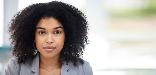 Image showing Business woman, portrait and face with space in office for mockup and pride for corporate career. Professional female entrepreneur working at startup for motivation, vision success and growth