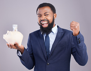 Image showing Black man, piggy bank and celebration for financial investment or savings against white studio background. Portrait of excited African businessman holding cash or money pot for winning and investing