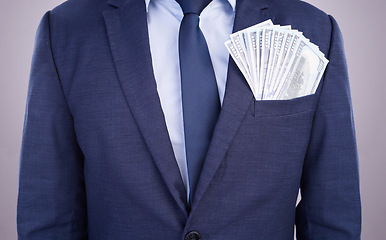 Image showing Wealth, bonus and businessman with money in a suit isolated on a white studio background. Rich, finance and a corporate employee with cash from an investment, payment or salary in accounting