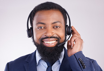 Image showing Call center, microphone and portrait of man, studio and consulting questions for customer service. Happy black male, telemarketing consultant and contact us for telecom sales, smile and crm advisory