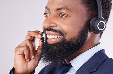 Image showing Call center, smile and face of black man with microphone for crm questions, sales consulting and help. Happy male telemarketing consultant in studio for contact, telecom and friendly customer support