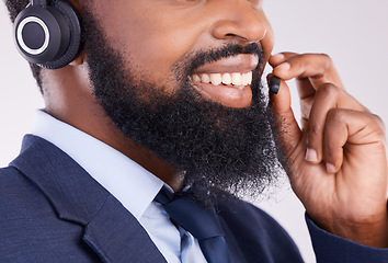 Image showing Call center, face and happy black man with microphone for crm questions, sales consulting and studio. Mouth, smile and male telemarketing consultant for contact, telecom and friendly customer support