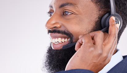 Image showing Call center, smile and face of black man with microphone for crm questions, sales consulting and help. Happy male telemarketing consultant in studio for contact, telecom and friendly customer support