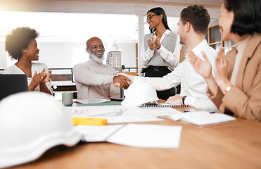 Image showing Handshake, meeting and team of engineering people clapping, celebration and partnership success, goals or onboarding. Architecture employees shake hands for design project, contract or job thank you