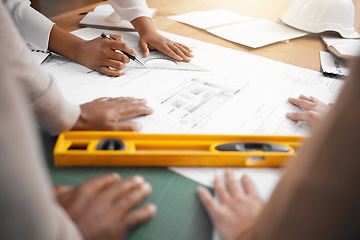 Image showing Hands, collaboration and design with a architecture team working in their office for planning from above. Teamwork, construction or blueprint with an architect, designer and engineer at work together